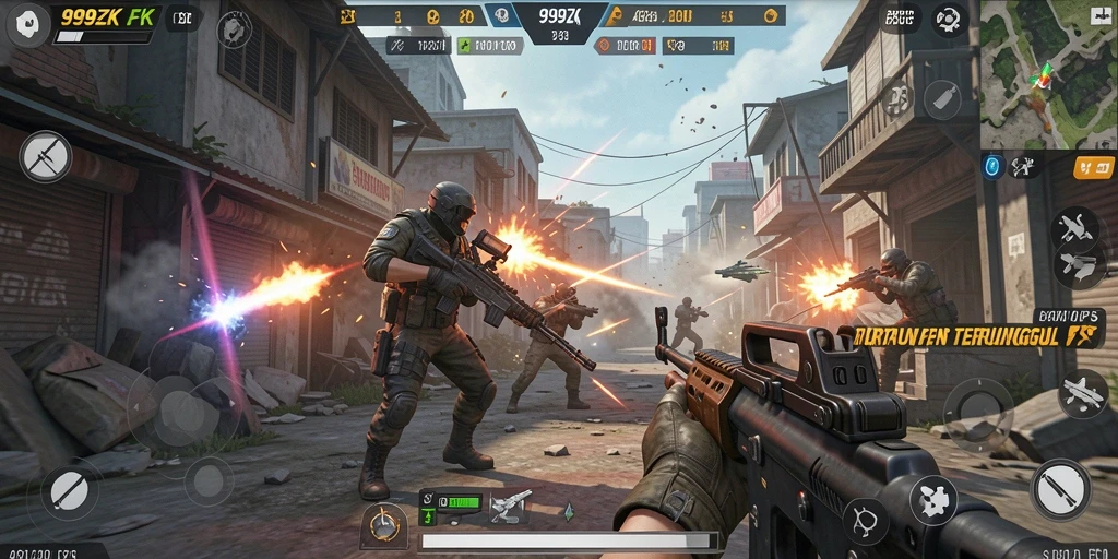 Tangkapan layar utama 999ZK menampilkan aksi pertempuran seru dari gameplay FPS.