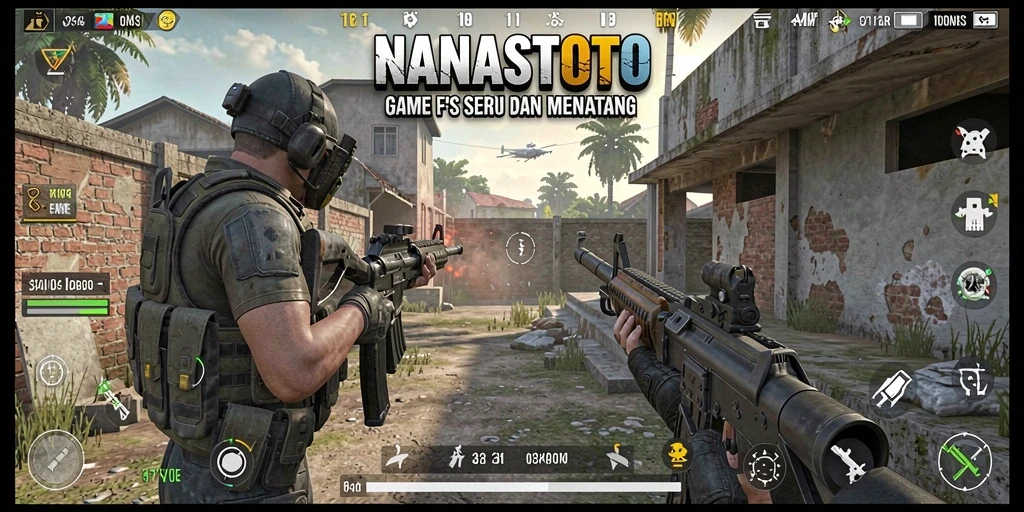 Screenshot utama NANASTOTO menampilkan aksi intens gameplay FPS.