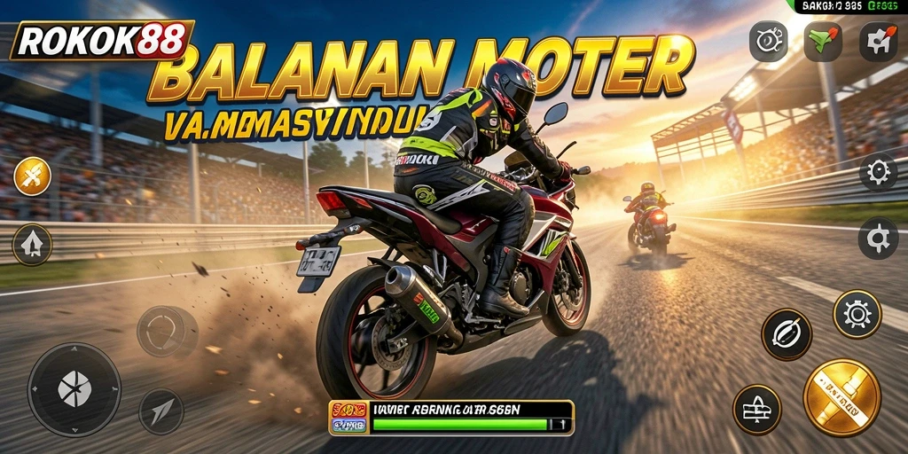 Tampilan gameplay seru ROKOK88 dengan balapan motor yang mendebarkan.