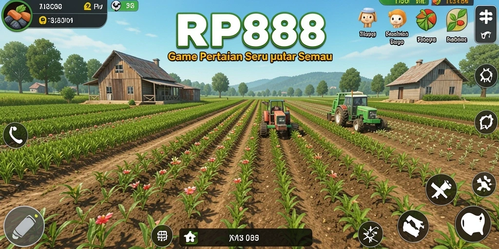 Tampilan gameplay RP888 menampilkan kebun hijau yang subur dan hewan ternak.
