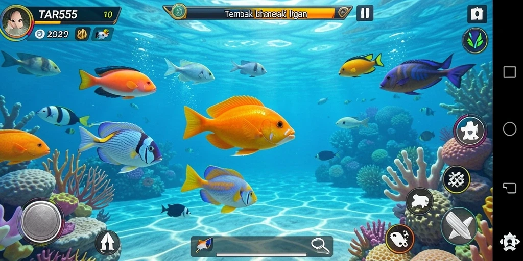Screenshot gameplay TAR555 menampilkan aksi tembak ikan yang seru.