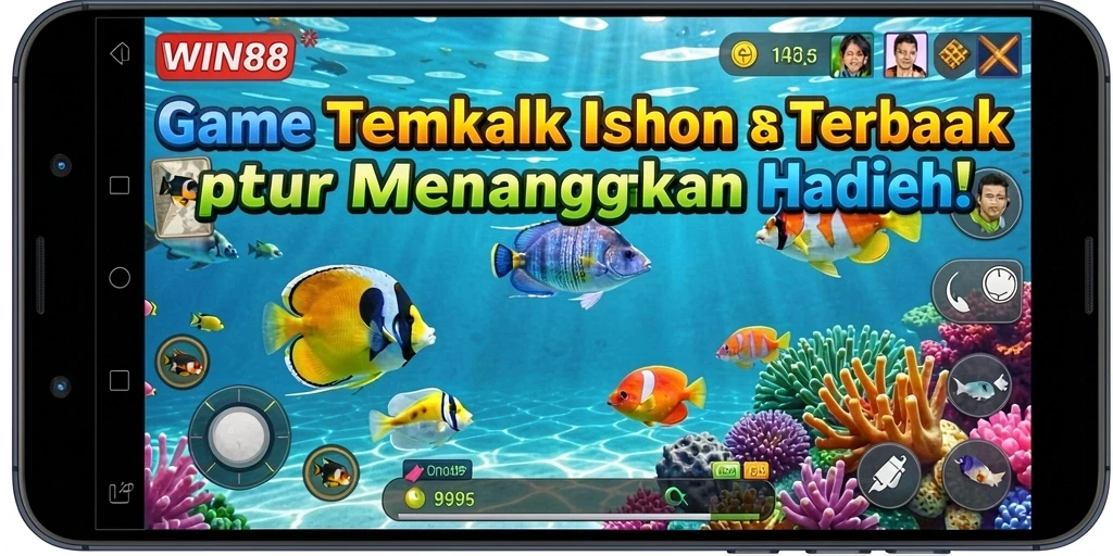Tampilan gameplay <strong>WIN88</strong> dengan ikan berwarna-warni siap ditangkap.